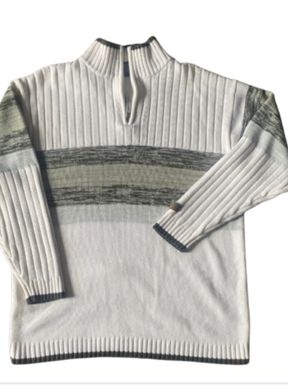 South Pole Cream Zip-Front Sweater with Green/Gray Stripe Men’s Size L